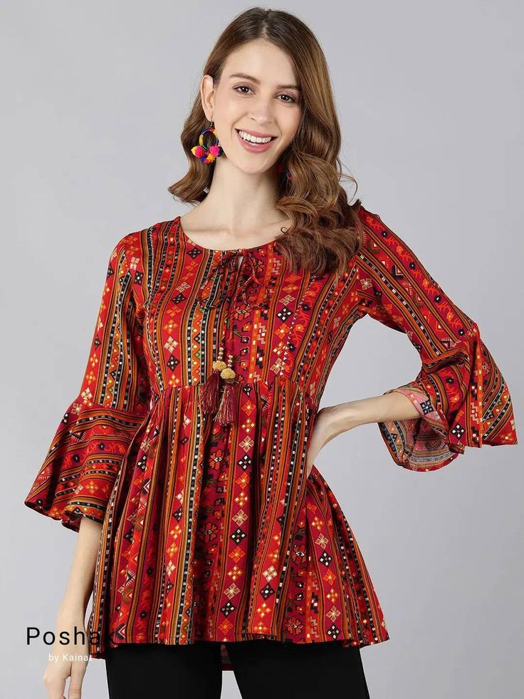 Short Kurti Designs, Cotton Short Tops, Indian Tunic Tops, Kurti For Women, Printed Peplum Top, Short Kurta, Gotta Patti, Simple Kurta Designs, Tunic Designs