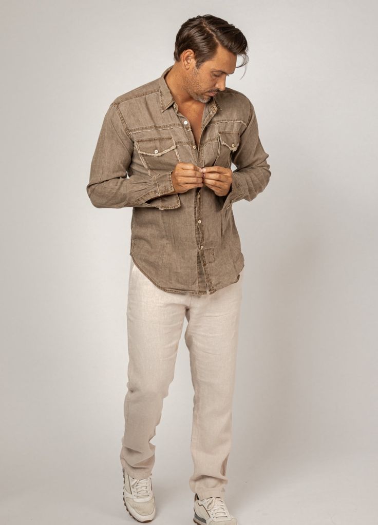 From pier gazing to beach strolling, you’ll exude style and ruggedness in this light purple linen button down shirt. The long sleeve 2 pocket button down shirt with unfinished edges Featuring double breast pockets with frayed edges and crisp stitching, offers a relaxed yet rustic look. Made with 100% premium linen, you’ll love its texture and sublime softness.#1031 Claudio Milano unique creative Italian Linen style fashion design Unstructured Shirt With Pockets For The Beach, Unstructured Beach Shirt With Pockets, Beach Linen Shirt With Pockets, Beach Linen Shirt With Buttons, Beige Linen Shirt With Pockets, Fitted Linen Shirt With Pockets, Beige Linen Beach Shirt, Spring Khaki Linen Shirt, Linen Style Fashion