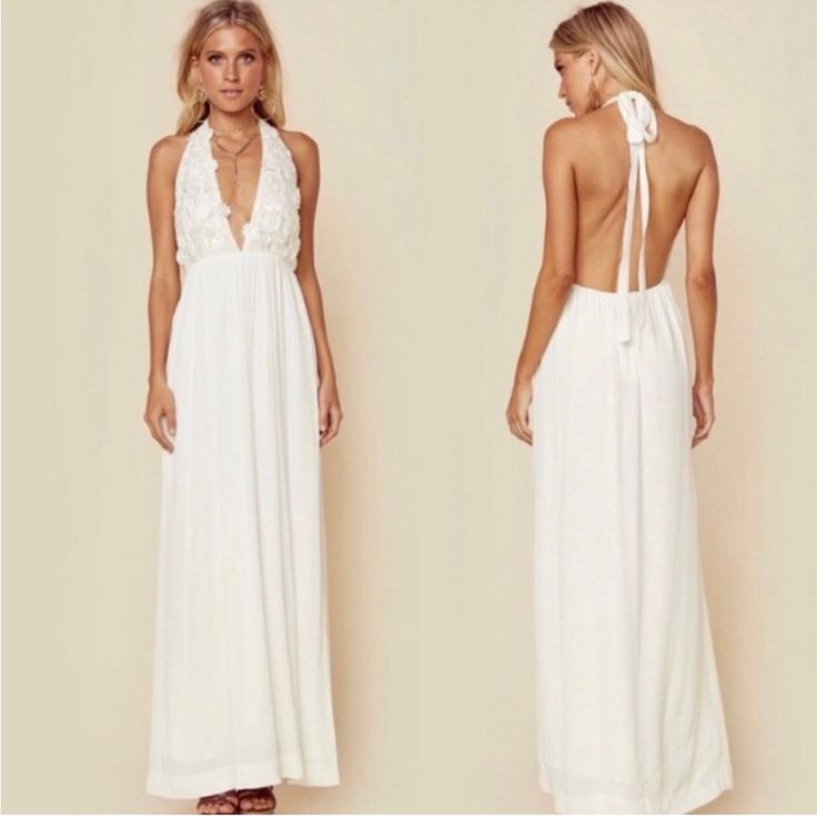 Never Worn, New With Tags For Love And Lemons Maxi Dress. I Purchased For Wedding Events And Never Wore. In Perfect Condition. Size Medium, True To Size But Also Has A Little Flexibility Due To The Adjustable Halter Straps And Elastic Around The Back. V-neck Maxi Dress For Wedding Night, Summer V-neck Wedding Dress, White Lace Back Backless Dress, Feminine Summer Dresses With Lace Back, White Backless Dress With Lace Back, Elegant Summer Maxi Dress With Lace Back, White Lace Back Summer Dress, White Summer Dresses With Lace Back, White Summer Dress With Lace Back