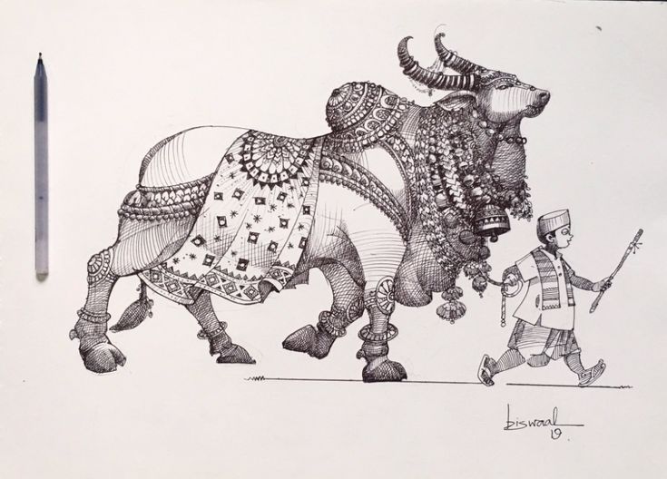 a drawing of a bull and a man with a cane