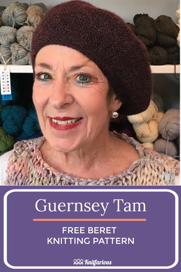 an older woman wearing a knitted hat with text overlay reading guernsey tan free bert knitting pattern