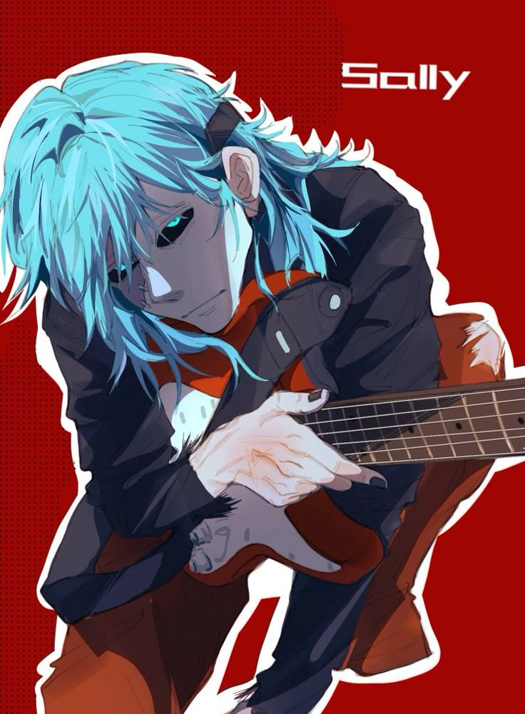 an anime character with blue hair holding a guitar