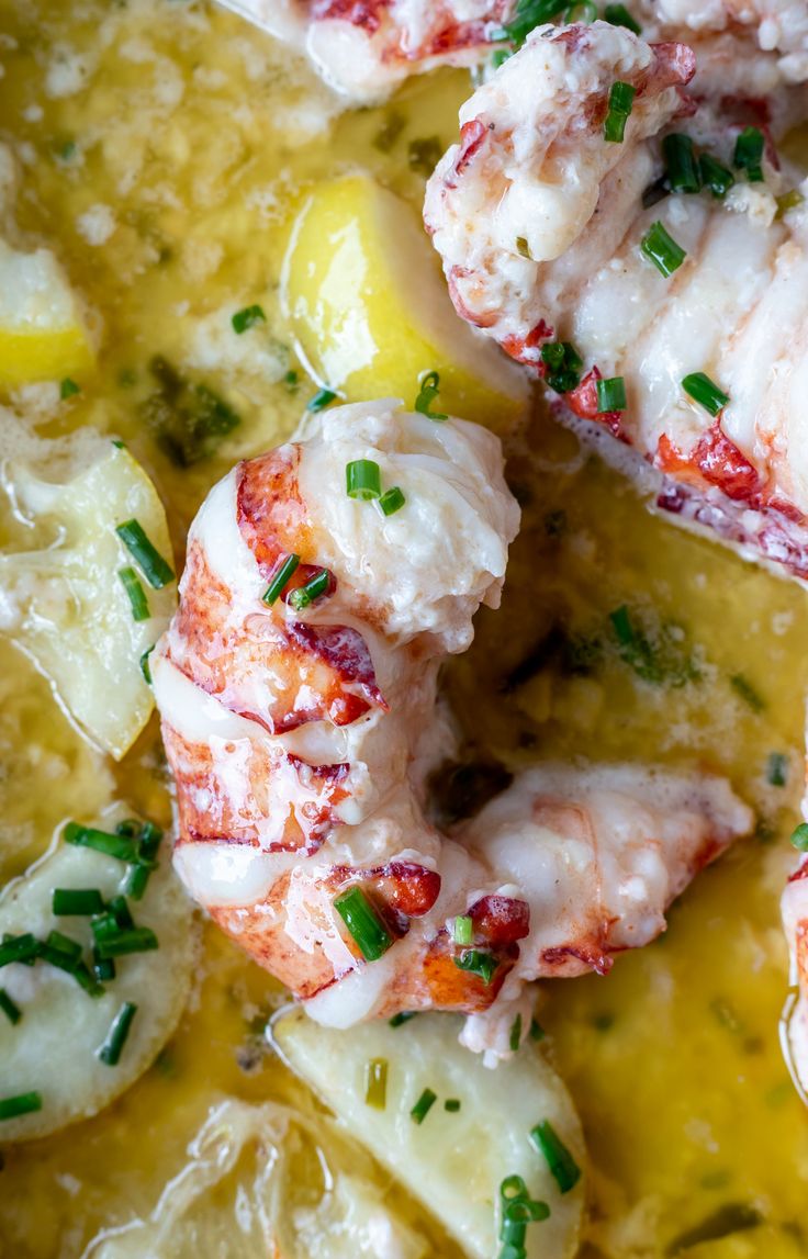 cooked shrimp and potatoes in a yellow sauce