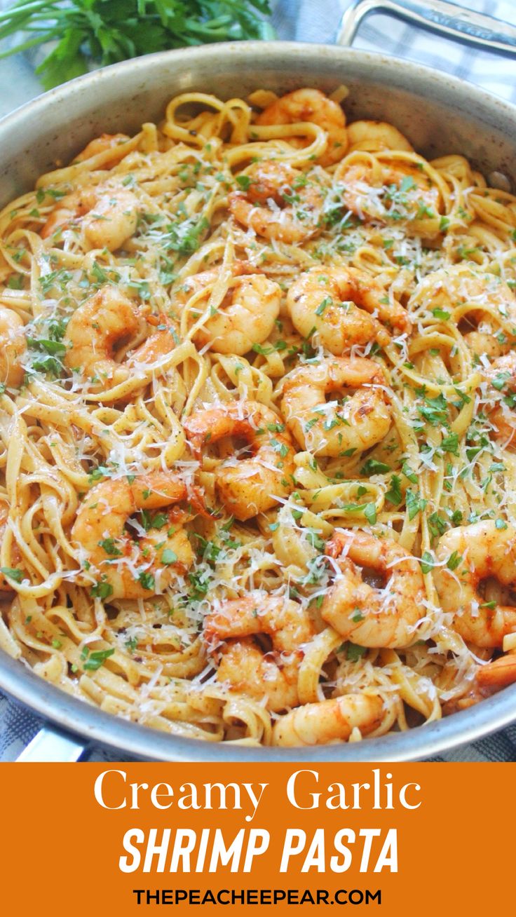 shrimp pasta in a stainless steel pan. Creamy Garlic Shrimp Pasta, Creamy Garlic Shrimp, Linguini Pasta, Honey Shrimp, Garlic Butter Pasta, Creamy Shrimp Pasta, Crockpot Pasta, Garlic Shrimp Pasta, Creamy Shrimp