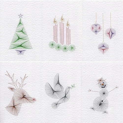 six different types of christmas ornaments on white paper with red and green thread work in the middle