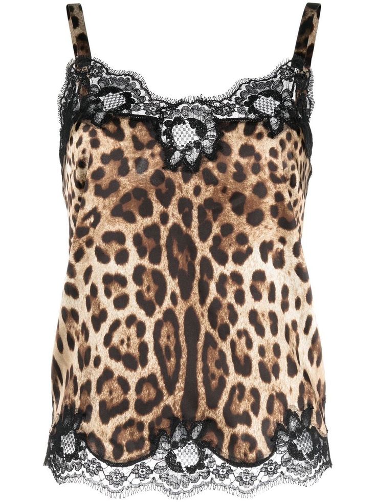 leopard-print tank top from DOLCE & GABBANA featuring maroon, stretch-silk, all-over leopard print, lace trim, adjustable spaghetti straps, V-neck and straight hem. Chiffon Halter Dress, Leopard Print Bra, Panel Jacket, Leopard Print Fashion, Print Bra, Satin Camisole, Georgette Tops, Lingerie Inspiration, Denim Corset