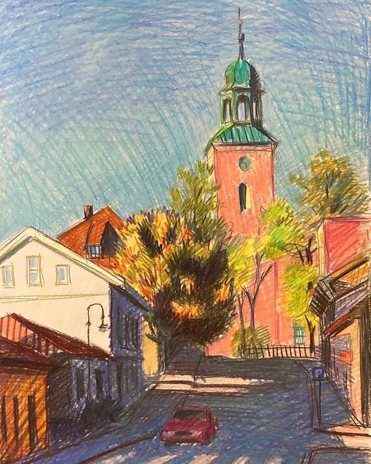 a drawing of a street with buildings and a church steeple in the back ground