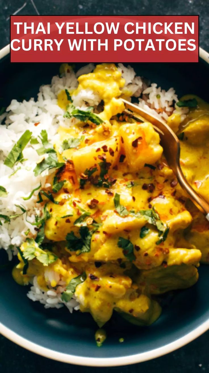 thai yellow chicken curry with potatoes and white rice in a blue bowl on a black table