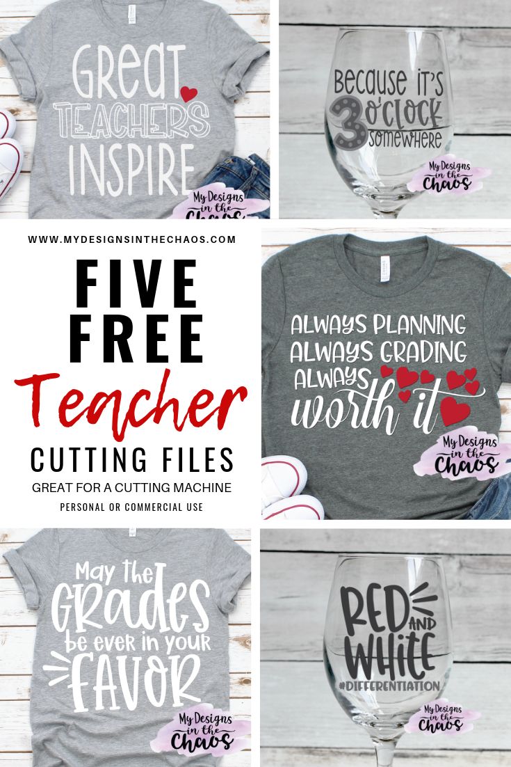 four teacher shirts with the words, five free teachers cutting files and three wine glasses