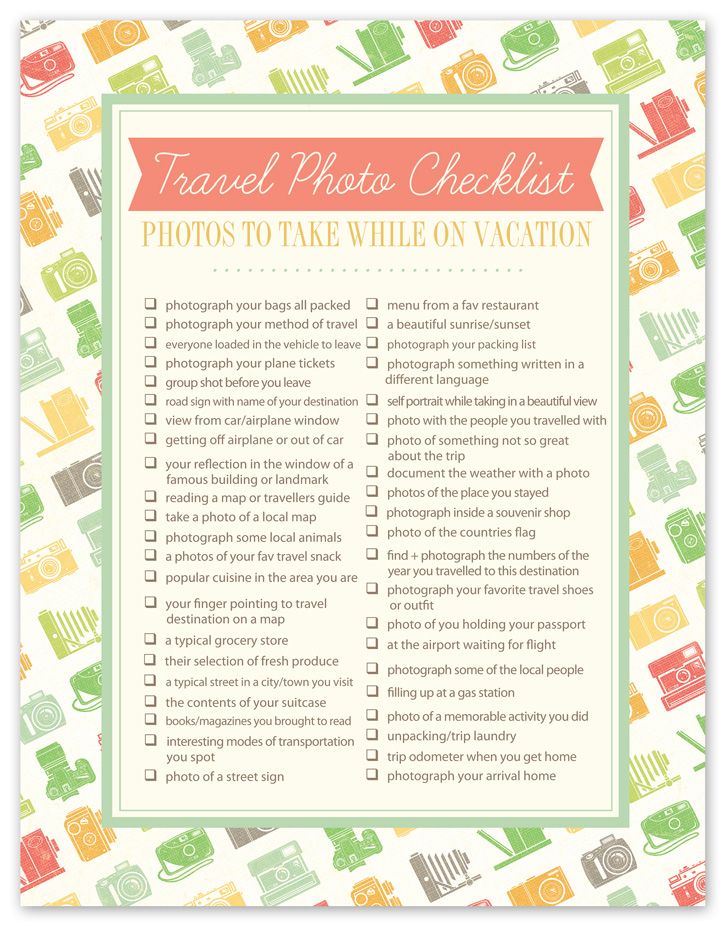 a travel photo checklist is shown with the words, photos to take while on vacation