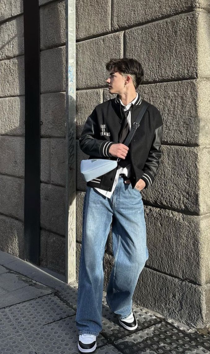 baggy jeans, black jacket, winter outfit, outfit inspo, men’s fashion, outfit ideas for men Baggy Fashion Outfits Men, Baggy Denim Jacket Outfit Men, Men In Baggy Jeans, Baggie Jeans Men, Baggy Jeans Outfit 90s Men Street Styles, Styling Baggy Jeans Men, Baggy Jeans Outfit Men Aesthetic, Baggy Jeans Outfit For Men, Black Baggy Outfit Men