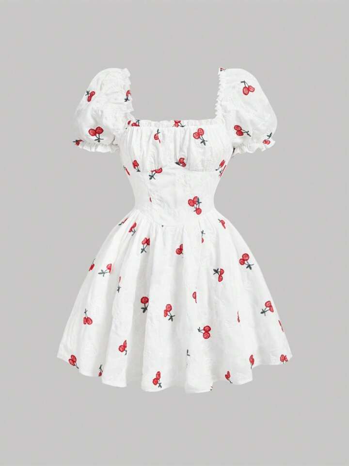 Free Returns ✓ Free Shipping✓. SHEIN MOD Cherry Embroidery Puff Sleeve Dress- Women Dresses at SHEIN. Cherry Embroidery, Princess Inspired Outfits, Cute Dress Outfits, Cherry Dress, Shirred Dress, Dress Aesthetic, Puff Sleeve Dress, Easy Trendy Outfits, Puffed Sleeves Dress