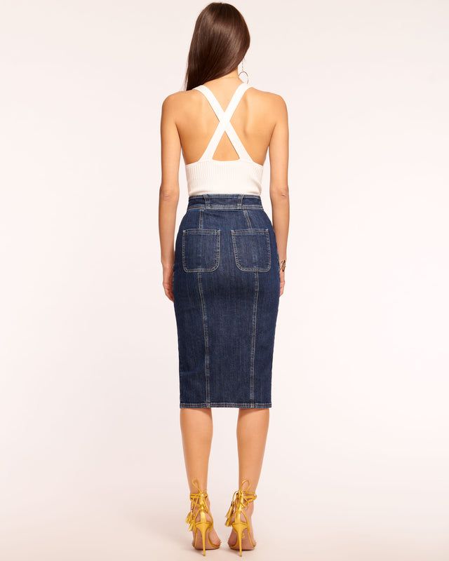 Marietta High-Waisted Denim Skirt in dark wash | Ramy Brook High Rise Fitted Denim Blue Skirt, Chic High Waist Denim Blue Skirt, Chic Lined Denim Skirt, Elegant High Waist Denim Skirt For Spring, Mid-rise Lined Denim Skirt, Fitted High Waist Dark Wash Denim Skirt, Chic Denim Mini Skirt, Elegant Fitted Denim Skirt For Summer, Chic Fitted Medium Wash Denim Skirt