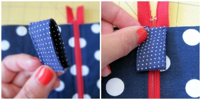 two pictures showing how to make an origami pencil case with polka dot fabric