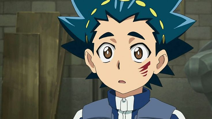 an anime character with blue hair wearing a vest and looking at the camera while standing in front of a brick wall