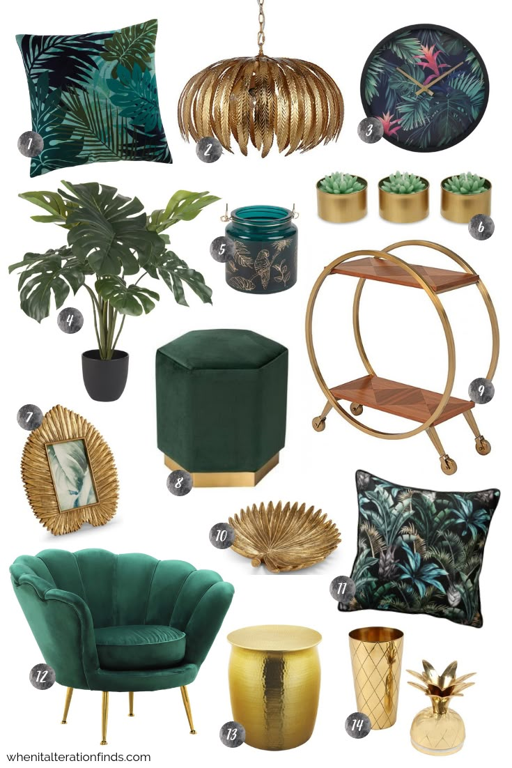 a collage of green and gold furniture, including a chair, table, lamp, vase