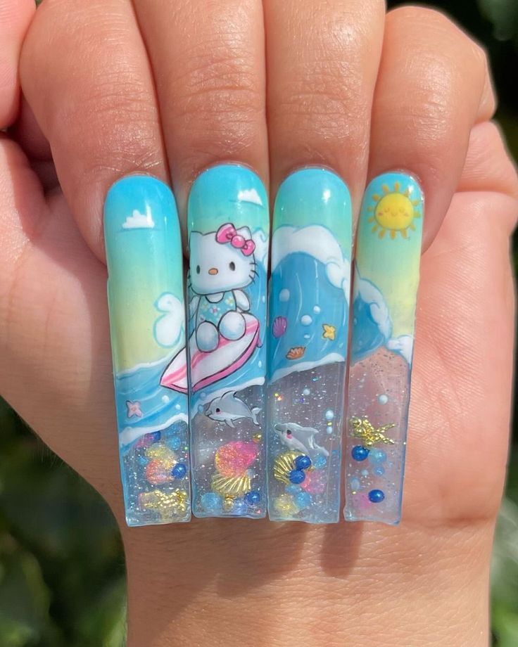 Nails With Characters, Surf Nails, Kawaii Christmas Nails, Weird Nail Ideas, Nails With Pictures, Ariel Nails, Realistic Nails, Aquarius Nails, Aquarium Nails