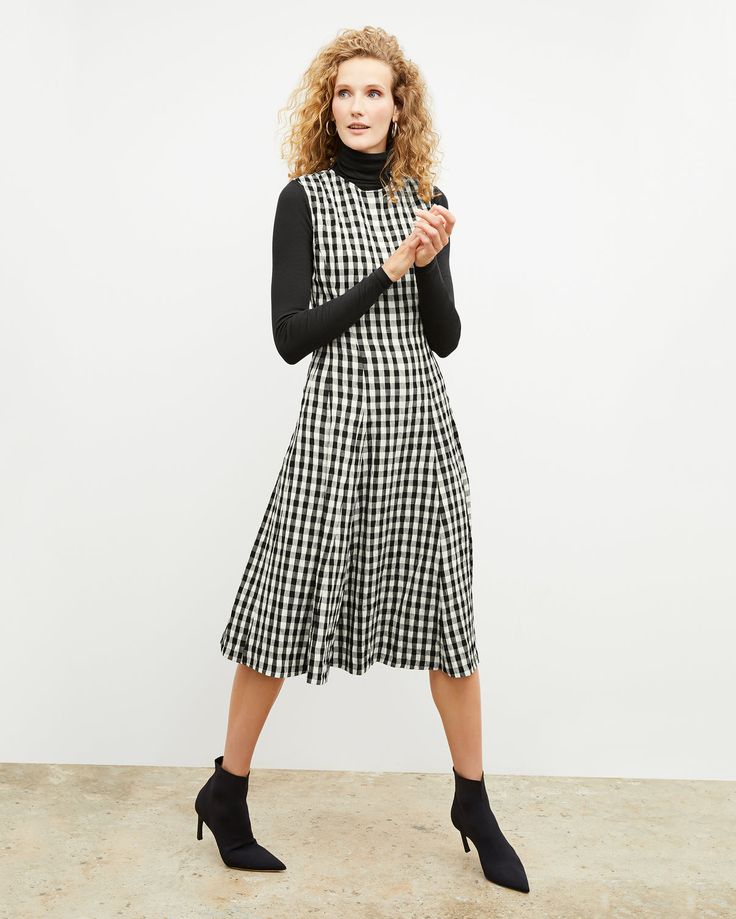 Nyla Dress - Luxe Gingham :: Black / White – M.M.LaFleur Classic Fall Dresses With Pleated Hem, Chic Gingham Dresses For Fall, Elegant Knee-length Gingham Dress, Elegant Gingham Plaid Midi Dress, Gingham Dresses For Workwear In Fall, Elegant Gingham Midi Dress For Spring, Spring Plaid A-line Dresses, Fall Gingham Dresses For Work, Plaid Dresses For Spring Workwear