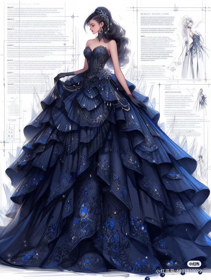 Blue Masquerade Dress, Dark Blue Ball Gown, Blue Fantasy Dress, Dark Blue Gown, Moon Dress, Blue Ball Gowns, Gowns Dresses Elegant, Fashion Sketches Dresses, Fantasy Dresses