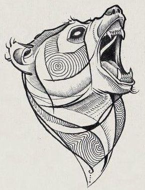 a black and white drawing of a bear's head with its mouth wide open