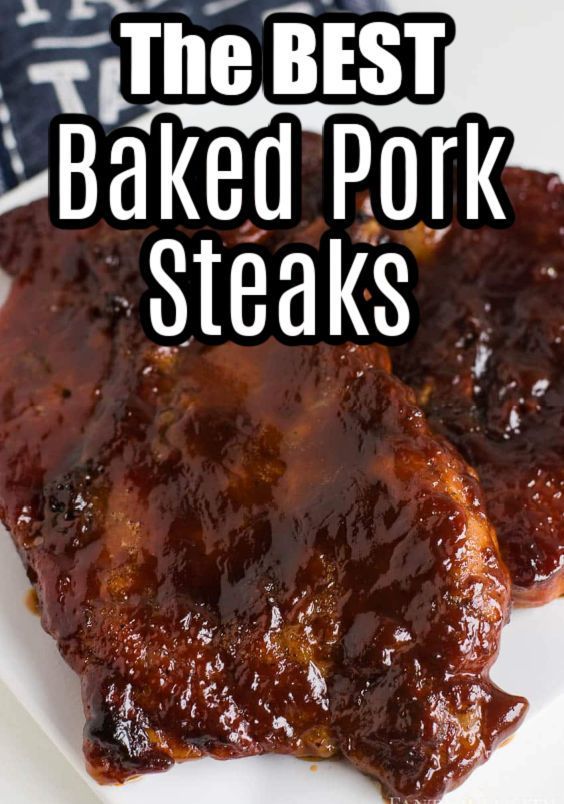 bbq pork steaks on white plate Pork Steaks In The Oven, Baked Pork Steaks, Bbq Pork Steak, Pork Steak Oven, Cooking Pork Steaks, Bbq Pork Steaks, Steaks In The Oven, Pork Shoulder Steak Recipes, Baked Pork Steak