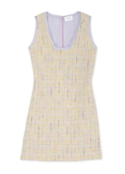 Multicolored threading weaves through this sleeveless, squared V-neck dress in textured lurex slub tweed, as polka dot trims create a playful contrast. 45% Cotton, 27% Polyester, 15% Acrylic, 9% Nylon, 3% Metallic (Polyester), 1% Viscose Overall Length: 38 Inches Collar Type: Square Neckline Closure Type: Zipper, Hook or Hook-and-Eye Take advantage of our TrueFit sizing if shopping for the first time. Traditional Fit St John Knits, Formal Evening Wear, Denim Accessories, Tweed Dress, Dream Clothes, Threading, Light Jacket, Tweed Jacket, Workwear Dress