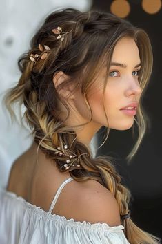 Big Side Braid Wedding, Bridal Side Braids For Long Hair, Braid Hair Style, Elegant Braids, Side Plait, Messy Side Braid, Braids For Women, Bridal Hairstyles With Braids, Apple Wedding