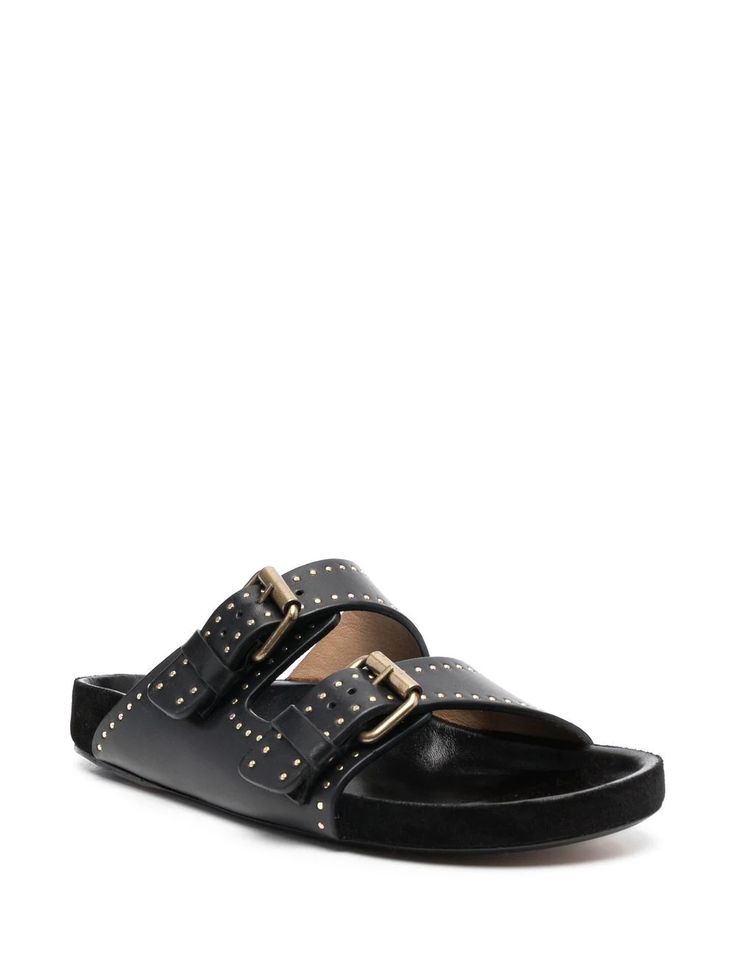 ISABEL MARANT Studded buckle-fastening Sandals - Farfetch Designer Black Sandals With Rectangular Buckle, Luxury Studded Open Toe Sandals, Designer Studded Open Toe Sandals, Black Leather Footbed Sandals With Tang Buckle, Designer Studded Leather Sandals, Designer Leather Sandals With Studs, Designer Open Toe Footbed Sandals With Buckle, Studded Leather Sandals With Open Heel, Leather Sandals With Studs And Open Heel