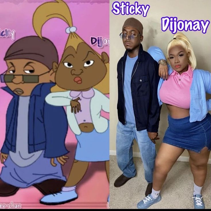 two people standing next to each other in front of a cartoon character and the words sticky di