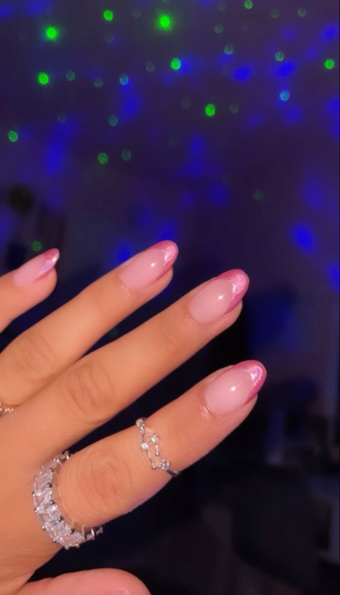 Almond Nails Designs School, Simple Pink Hoco Nails, Cute Nails For School Almond, Cute Almond Nails Short Pink, 2023 Back To School Nails, Almond Pink Chrome French Tip Nails, Pink Chrome Nails Tips, Homecoming Nails Pink Dress, Pink Tips Chrome