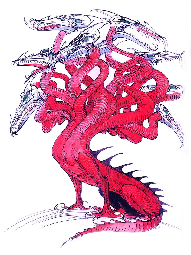 a drawing of a red dragon with many smaller snakes around it's neck and legs