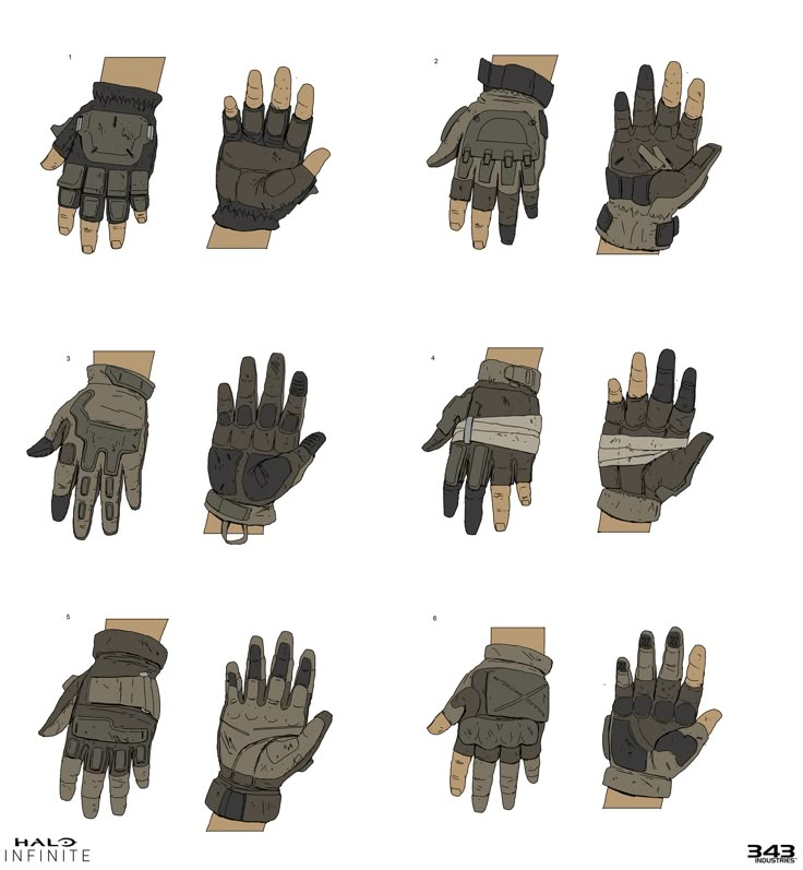 six pairs of gloves are shown in different positions and sizes, including one for the right hand