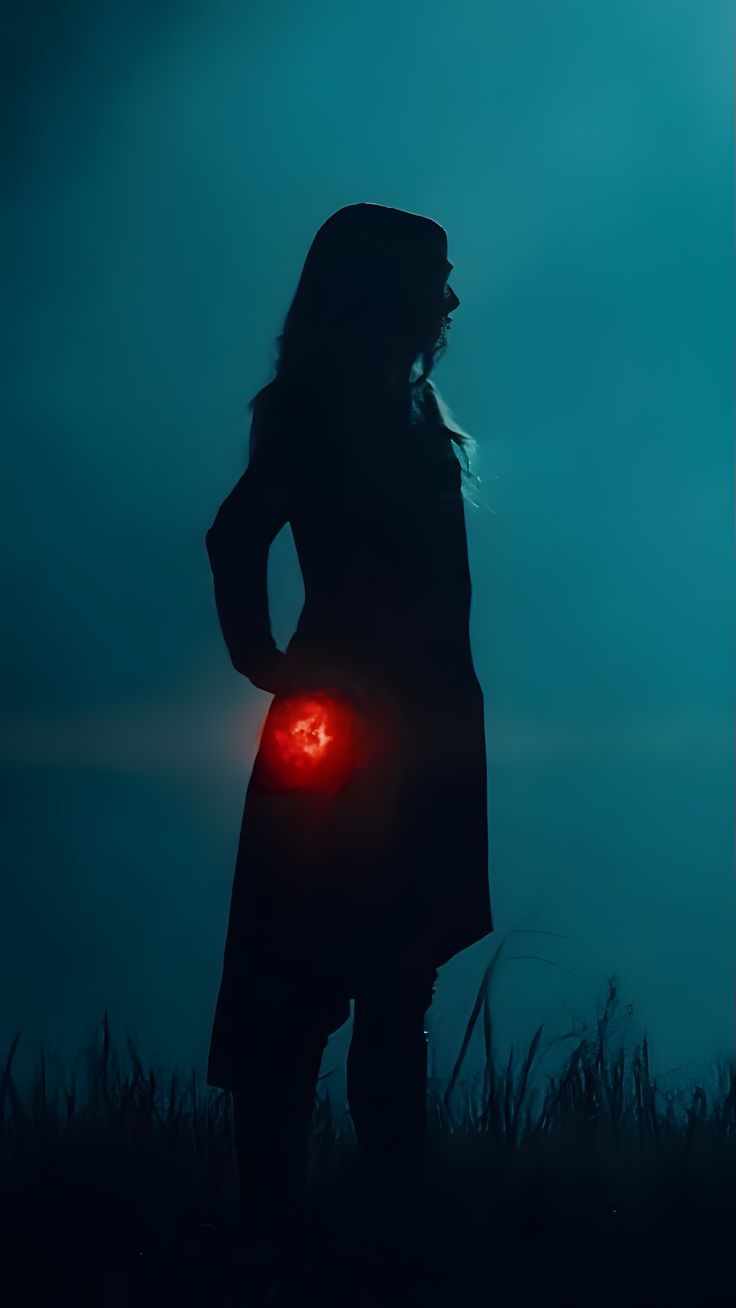 a woman standing in the dark with her hands on her hips holding a red light