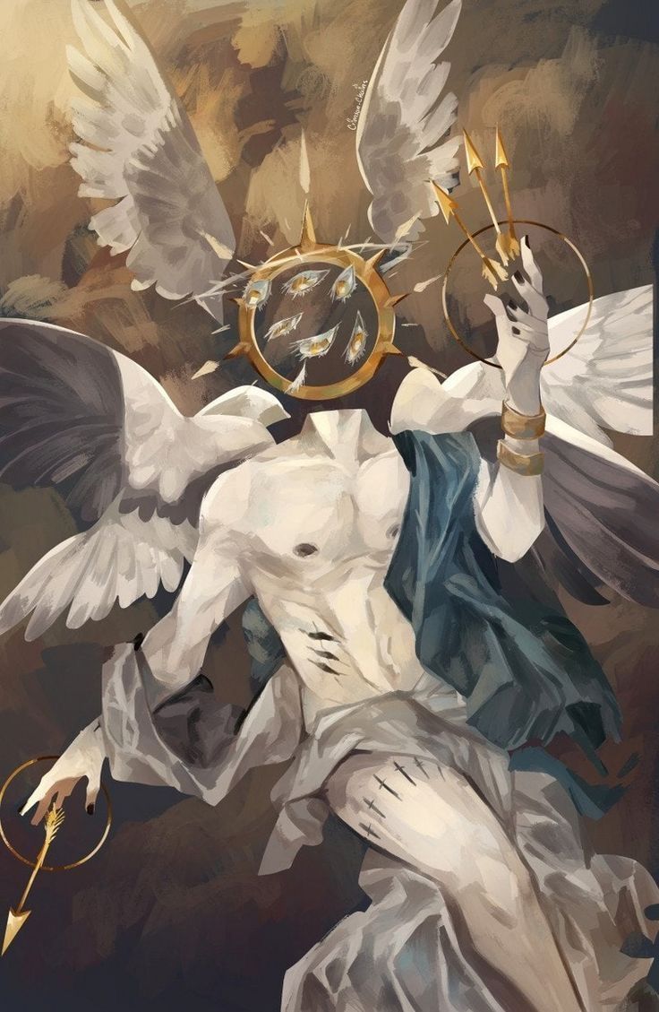 a painting of an angel with wings holding a clock and two hands in the air