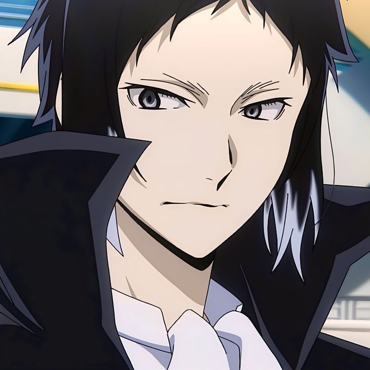 an anime character with black hair and blue eyes