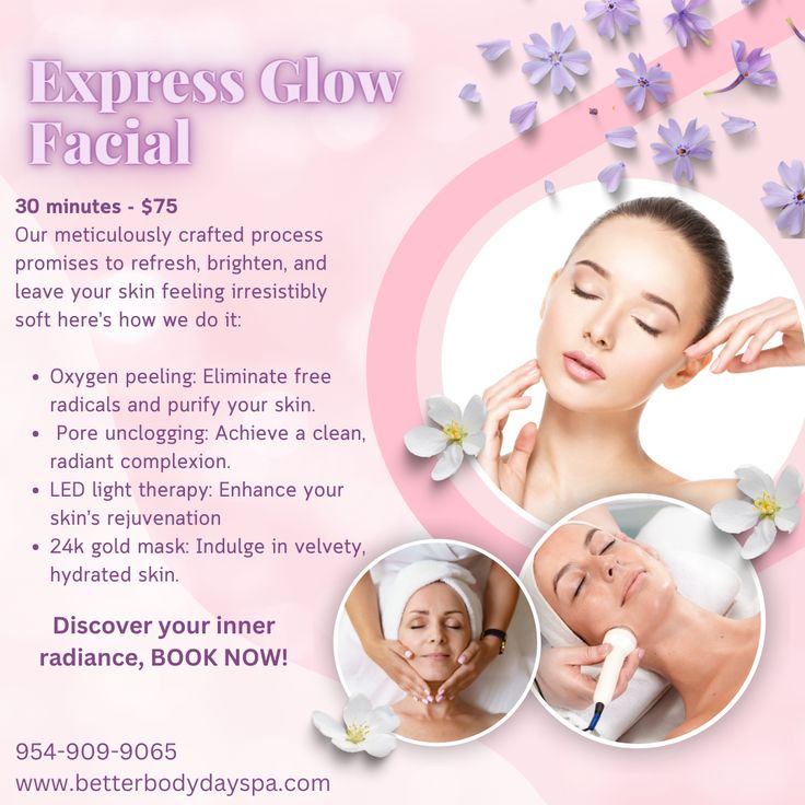 Book our express glow facial today! Book by giving us a call at 954-909-9065! #facial #spa #fortlauderdale Facial Remedies, Esthetician Tips, Esthetician Facial, Salon Advertisement, Beauty Salon Posters, Beauty Therapy Room, Esthetician Room Decor, Promotion Ideas, Esthetician Marketing