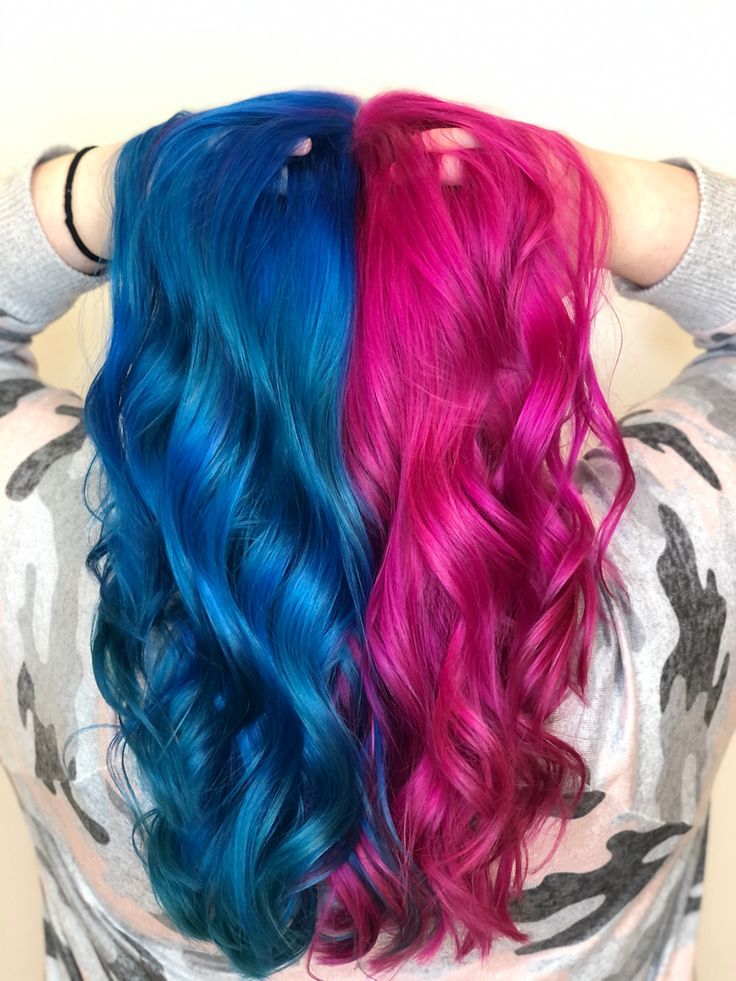 Split Color Hair, Hot Pink And Blue Hair, Pink Split Dye, Two Tone Split Hair Color Ideas, Blue And Pink Split Dye, Pink And Blue Hair Ideas, Fun Colored Hair, Pink Over Blue Hair Dye, Pink And Blue Split Dye Hair