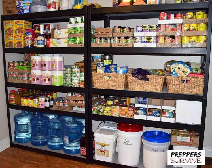 an organized pantry with lots of food and drinks on the shelves, including water bottles