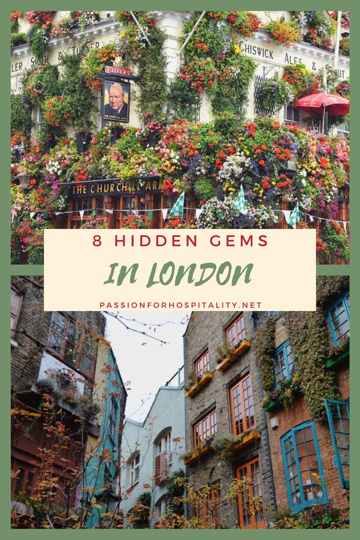 the cover of 8 hidden gems in london, with an image of buildings and flowers