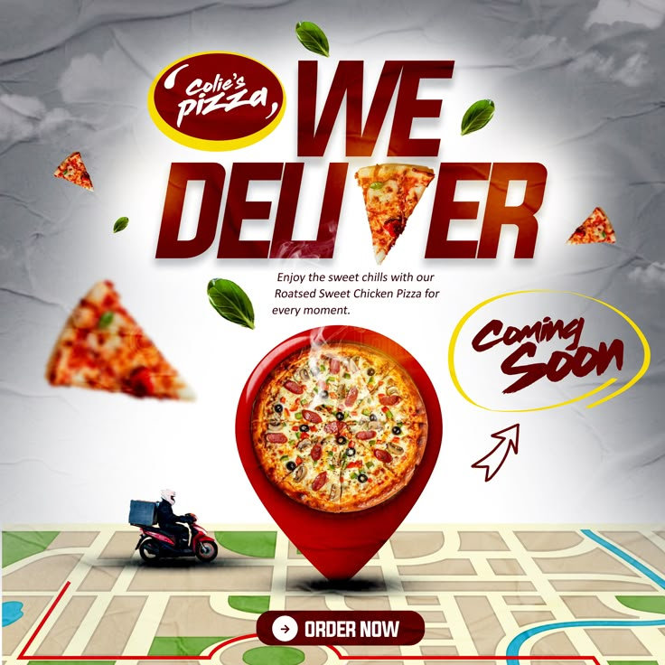 a pizza advertisement with the words we deliver on it's map and an image of a motorcycle