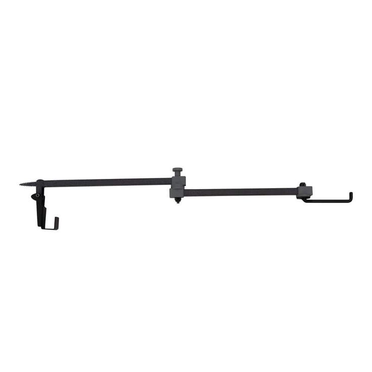 a black metal shelf with two hooks on each side and one hook attached to the wall