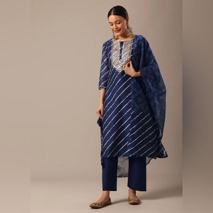 Beautiful Indian Kurta Set. Completely New. Still With Tag. Effortlessly Transition From Day-To-Night In This Exquisite Suit Set, Decked On A Striking Blue-Tone Base. Color: Blue Fabric: Chanderi Neck Line: Round Sleeves: 3/4th Sleeve Pack Contains: 1 Kurti, 1 Pant, 1 Dupatta Indian Designer Suits, Indian Kurta, Indian Wedding Outfits, Kurta Set, Suit Set, Blue Tones, Designer Suits, Indian Design, Blue Fabric