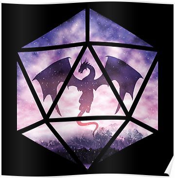 a purple and black dice with a dragon on the side, surrounded by stars poster