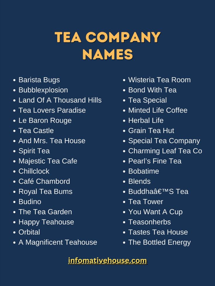 Brainstorming Creative Tea Company Names - Get Inspired! Tea Room Business Ideas, Tea Brand Name Ideas, Bubble Tea Shop Name Ideas, Luxury Business Names Ideas, Aesthetic Cafe Name Ideas, Tea Names Ideas, Coffee Brand Names Ideas, Drink Names Creative, Cafe Names Ideas Logo