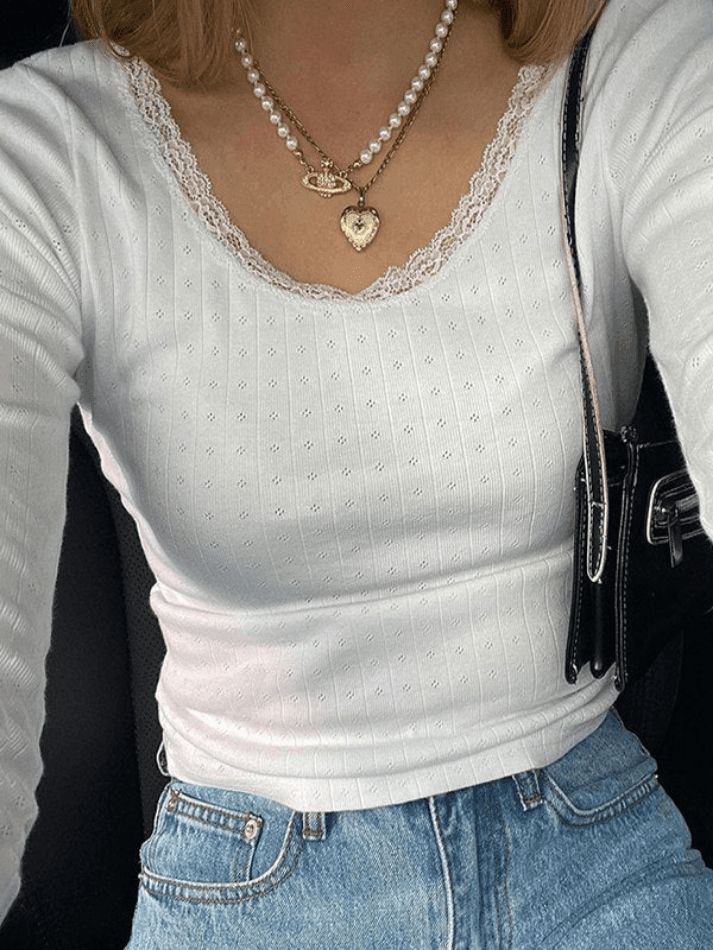 Lace Trim White Knit Top - AnotherChill Lace Trim, Crop Top, Trim, Lace, Long Sleeve, T Shirt, White