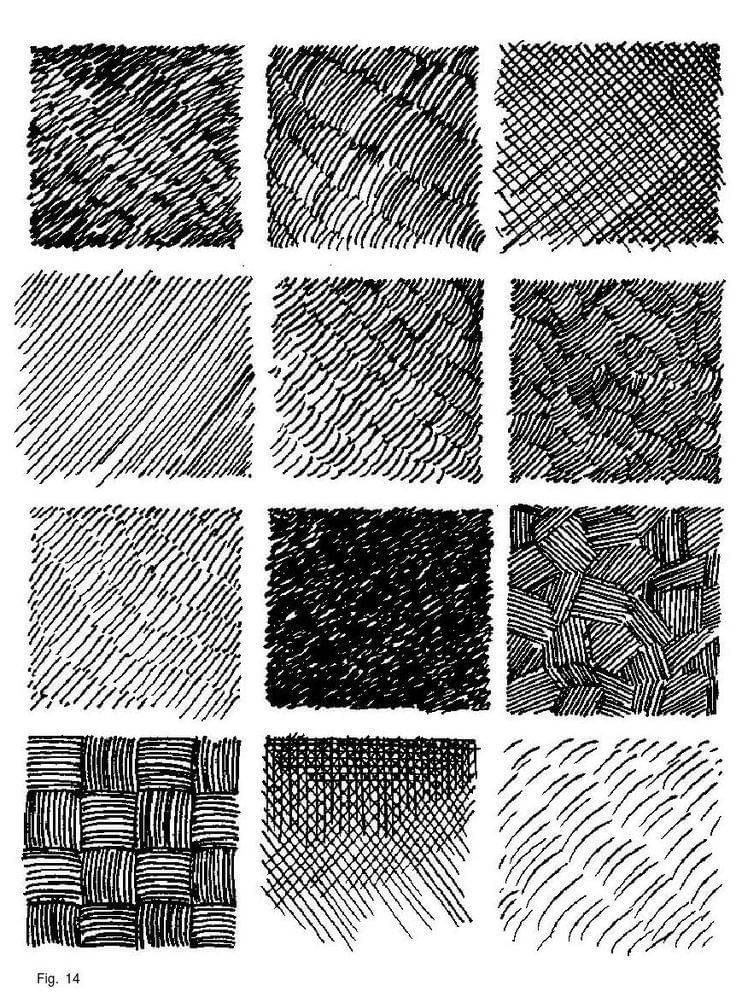 nine hand drawn patterns in black and white, each with different lines on the surface