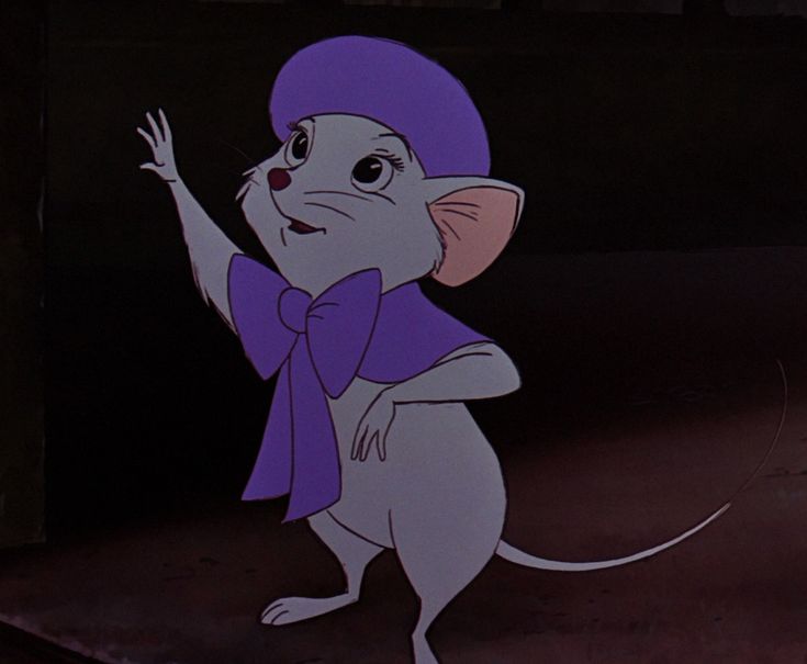 a cartoon mouse wearing a purple hat and holding his hand up in the air while standing on one leg