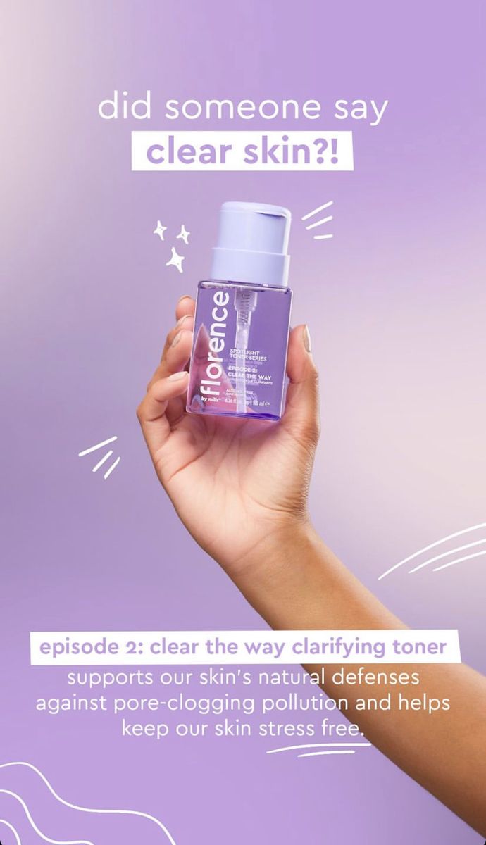 someone holding up a bottle of clear skin in front of a purple and white background