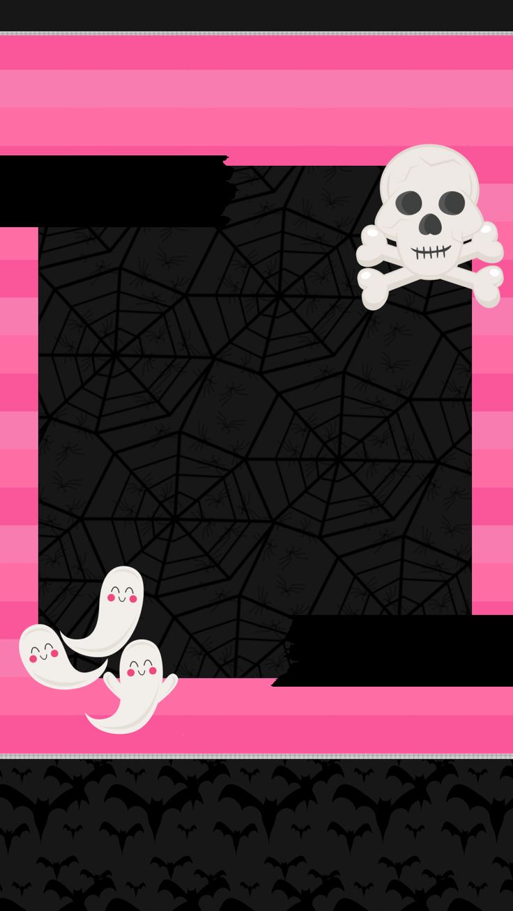 a pink and black background with two white skulls on the left side of the frame