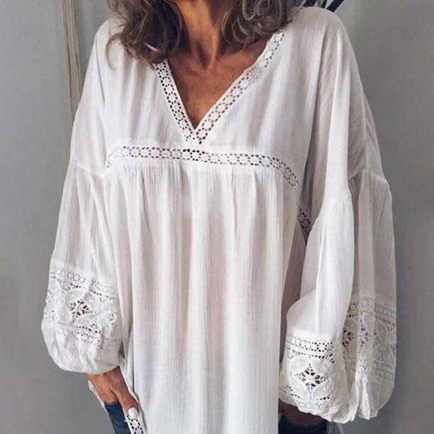 Womens Blouses Summer, Long Sleeve Loose Blouse, Women Lace Blouse, Tee Shirt Fashion, Patch Work Blouse, Eyelet Blouse, Lace Patchwork, Loose Shirts, Loose Blouse